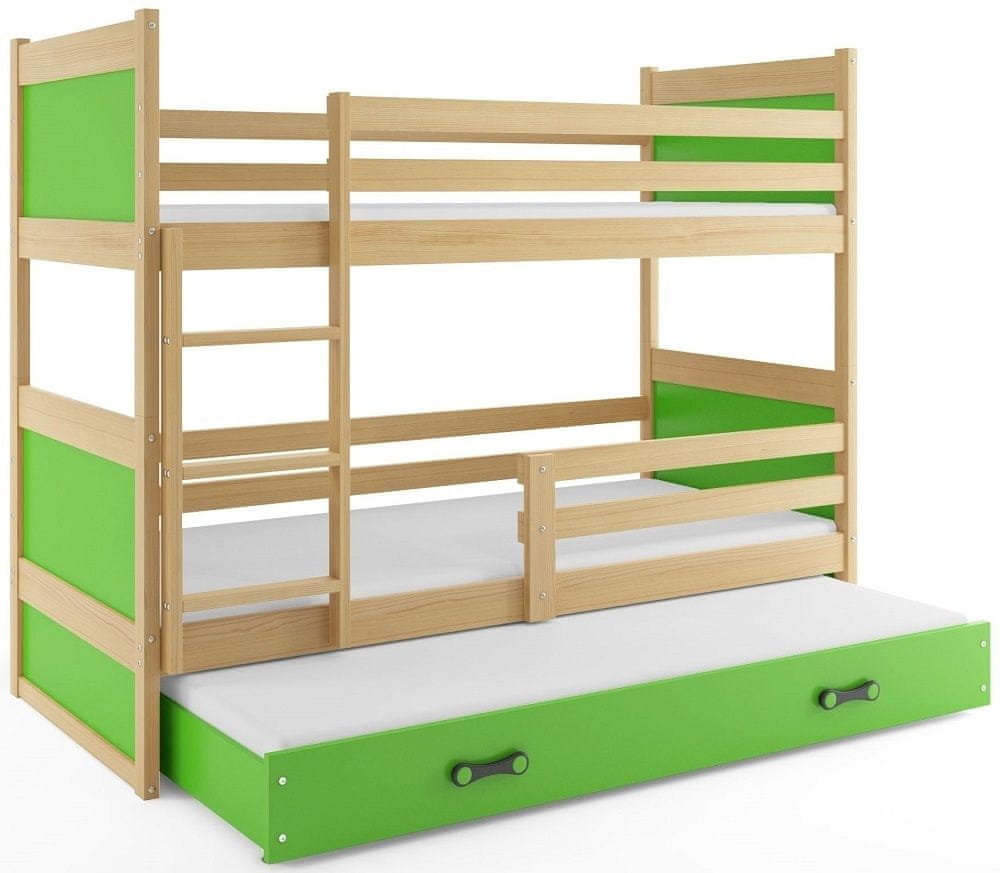 eoshop Poschodová posteľ s prístelkou RICO 3 80x190 cm, borovica/zelená (Voľba matraca: Penový matrac)